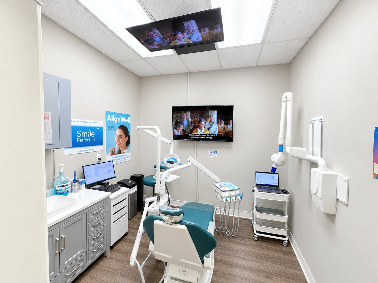 Treatment room with a ceiling-mounted TV and dental chair